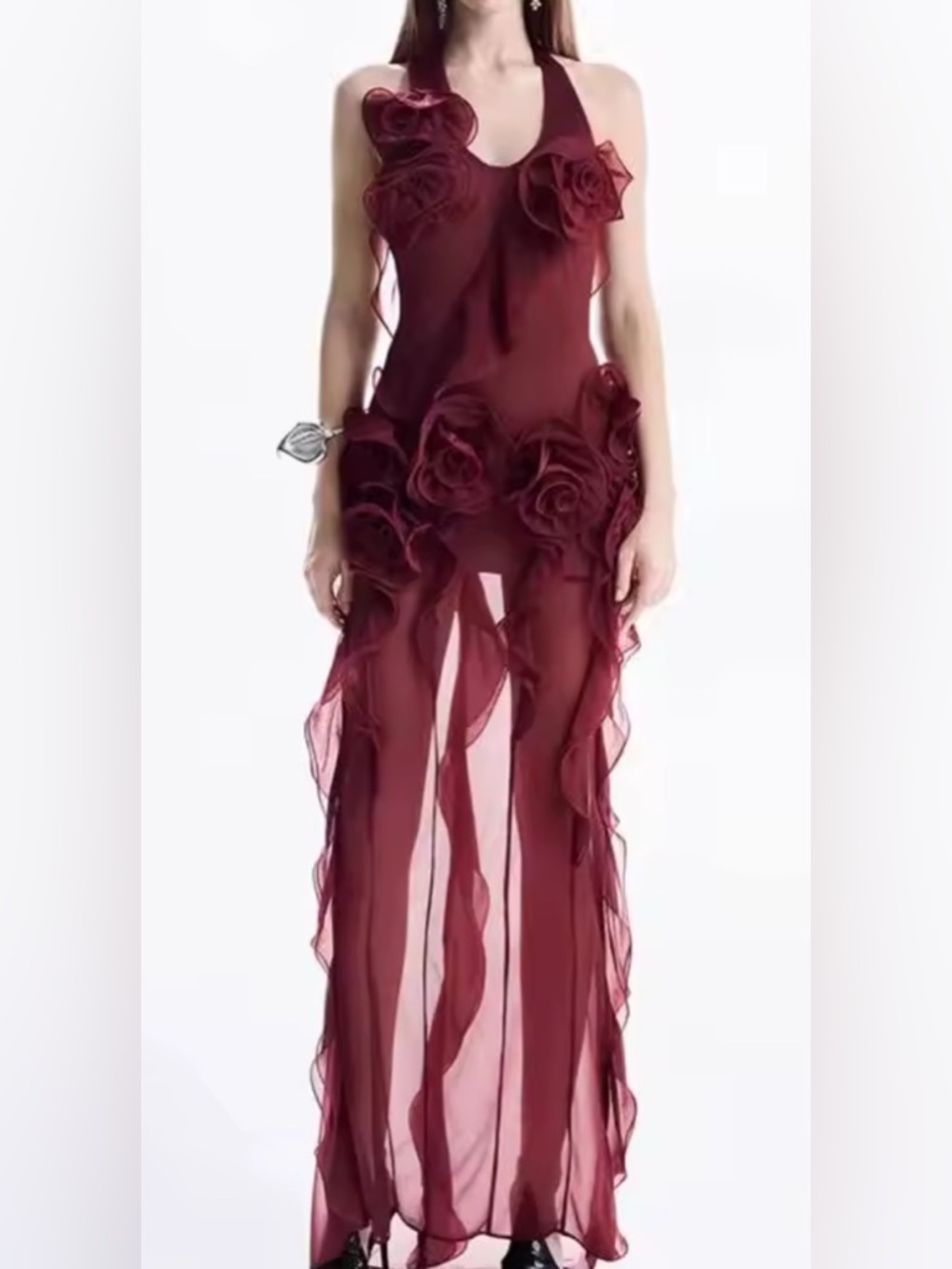 NEW Rose Wine Sheer Floral Appliqué Maxi Dress in Burgundy